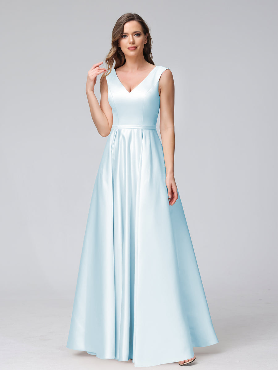 A-Line V-Neck Sleeveless Floor-Length Satin Bridesmaid Dresses With Pockets