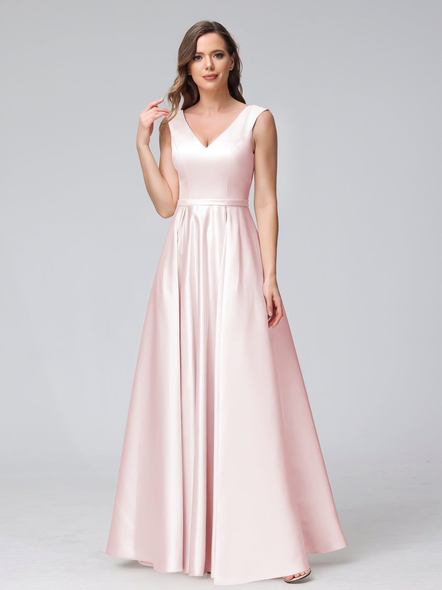 A-Line V-Neck Sleeveless Floor-Length Satin Bridesmaid Dresses With Pockets