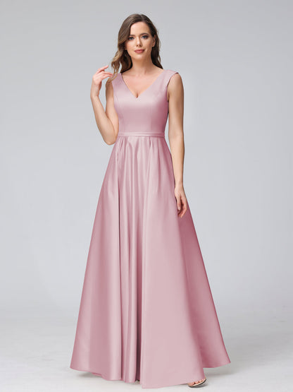 A-Line V-Neck Sleeveless Floor-Length Satin Bridesmaid Dresses With Pockets