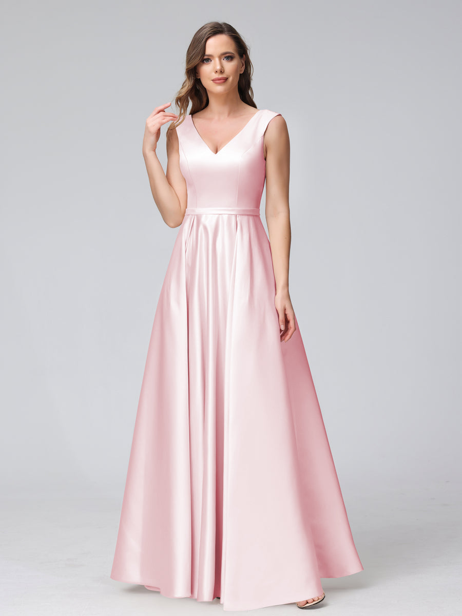 A-Line V-Neck Sleeveless Floor-Length Satin Bridesmaid Dresses With Pockets