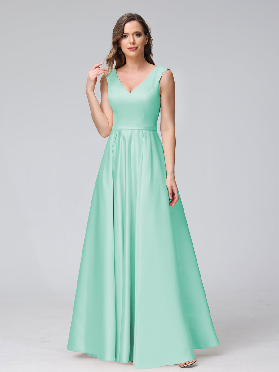 A-Line V-Neck Sleeveless Floor-Length Satin Bridesmaid Dresses With Pockets