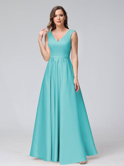 A-Line V-Neck Sleeveless Floor-Length Satin Bridesmaid Dresses With Pockets