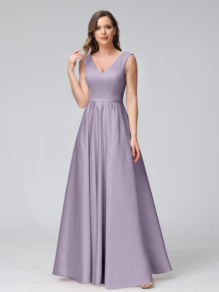 A-Line V-Neck Sleeveless Floor-Length Satin Bridesmaid Dresses With Pockets