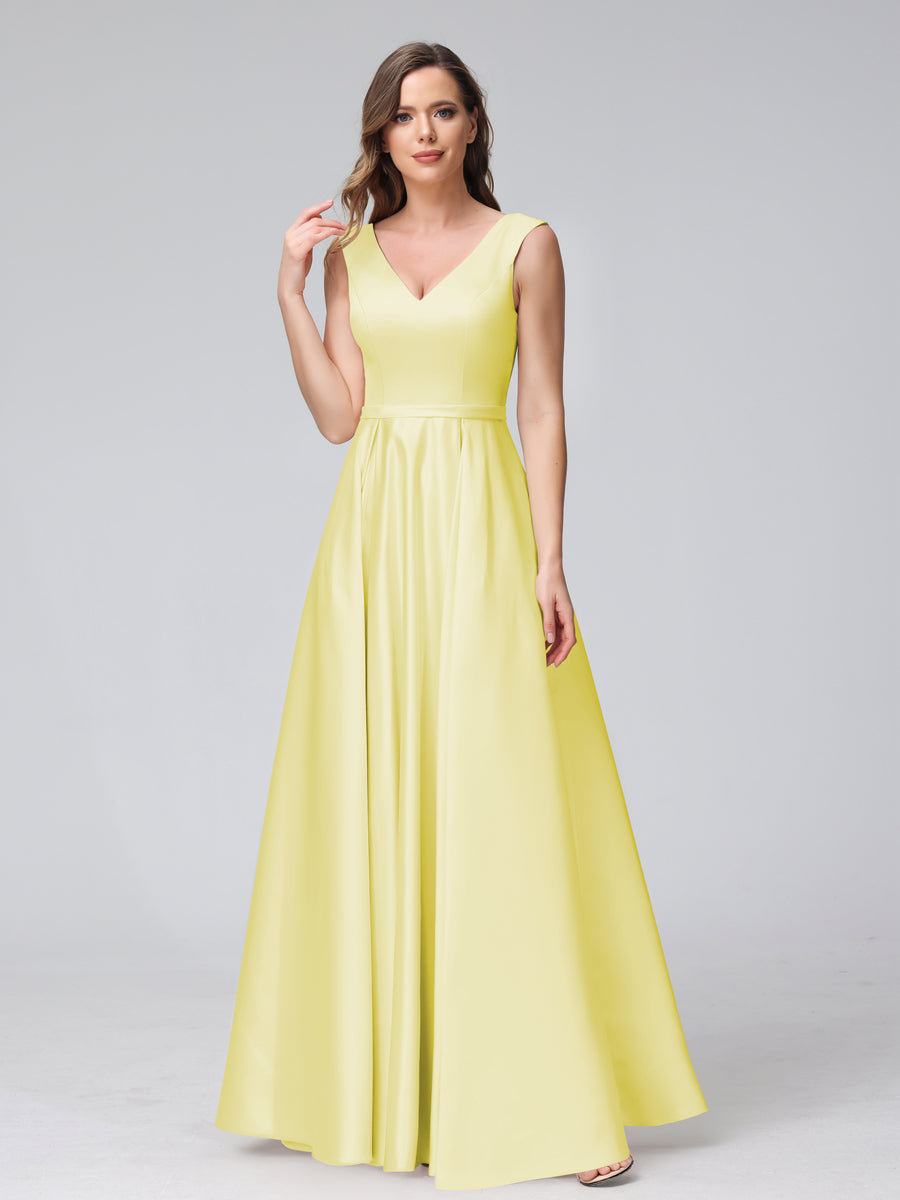 A-Line V-Neck Sleeveless Floor-Length Satin Bridesmaid Dresses With Pockets