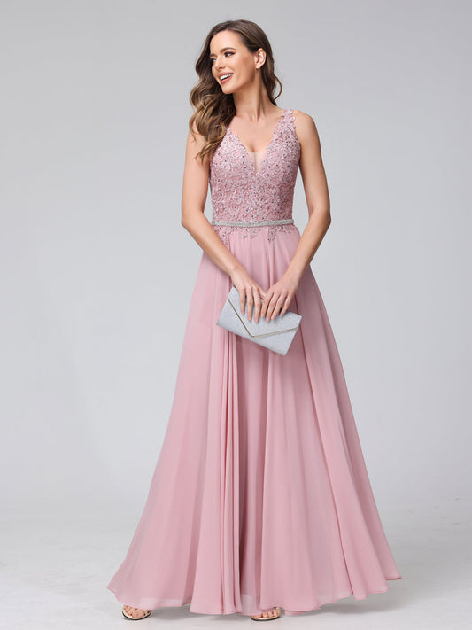 A-Line V-Neck Sleeveless Long Chiffon Dresses with Lace Appliques & Rhinestones