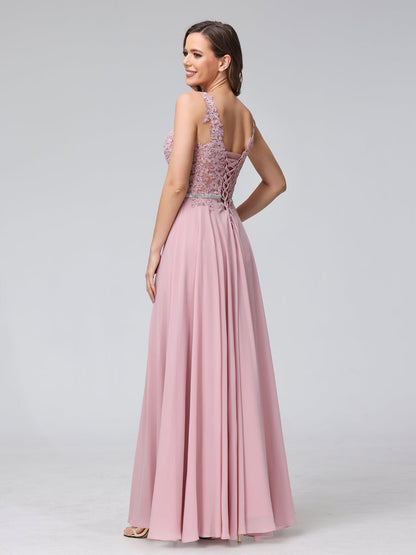 A-Line V-Neck Sleeveless Long Chiffon Dresses with Lace Appliques & Rhinestones