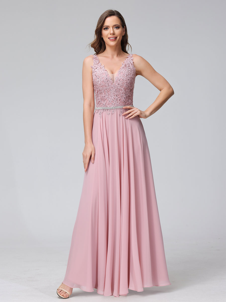 A-Line V-Neck Sleeveless Long Chiffon Dresses with Lace Appliques & Rhinestones