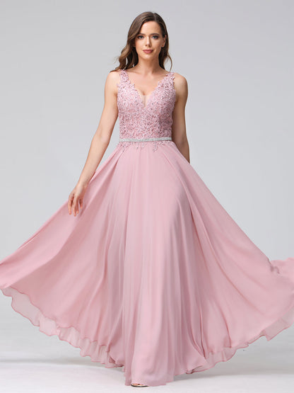 A-Line V-Neck Sleeveless Long Chiffon Dresses with Lace Appliques & Rhinestones