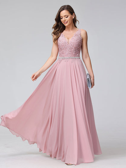 A-Line V-Neck Sleeveless Long Chiffon Dresses with Lace Appliques & Rhinestones