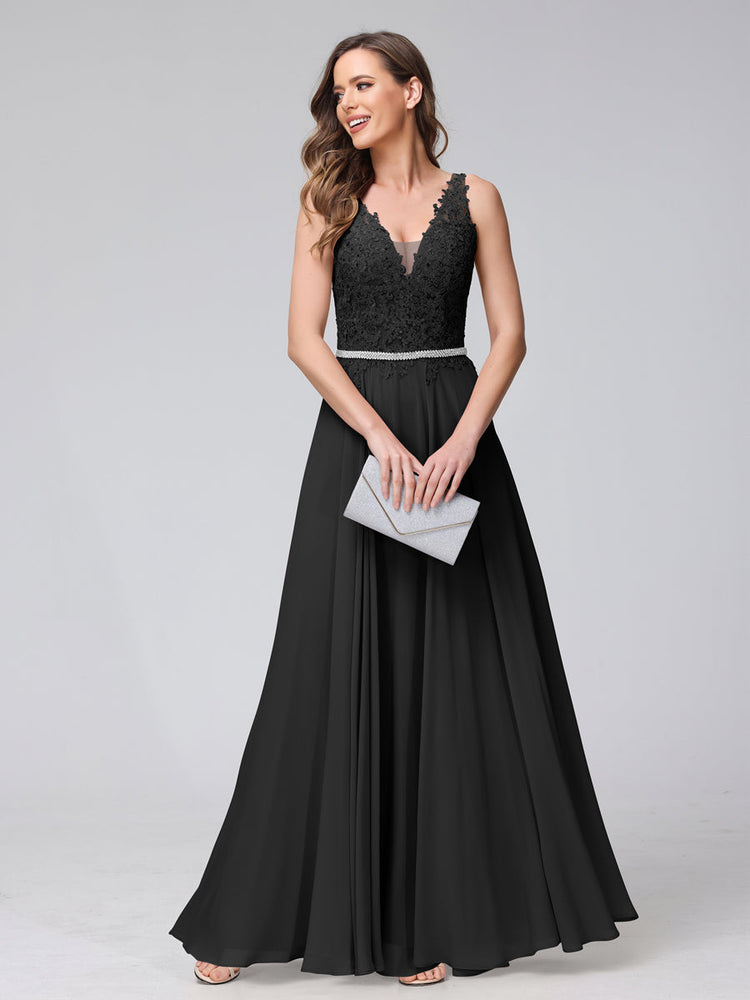 A-Line V-Neck Sleeveless Long Chiffon Dresses with Lace Appliques &  Rh-Lavetir