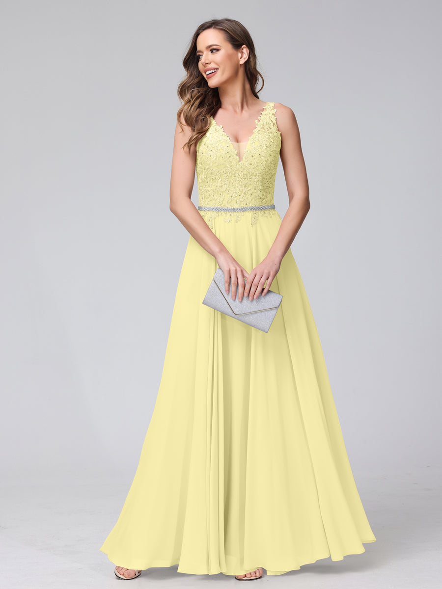 A-Line V-Neck Sleeveless Long Chiffon Dresses with Lace Appliques & Rhinestones