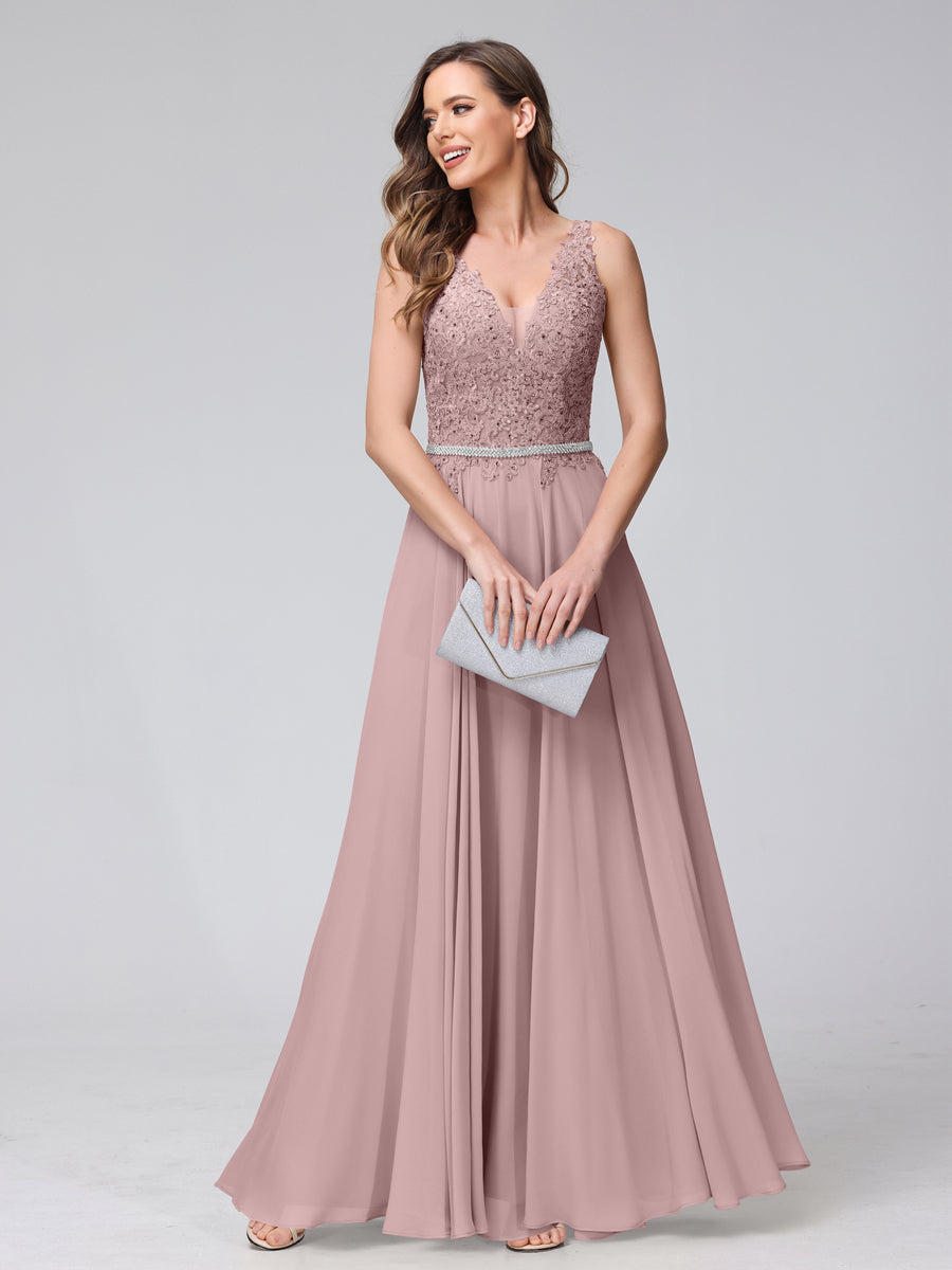 A-Line V-Neck Sleeveless Long Chiffon Dresses with Lace Appliques & Rhinestones