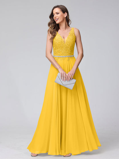 A-Line V-Neck Sleeveless Long Chiffon Dresses with Lace Appliques & Rhinestones