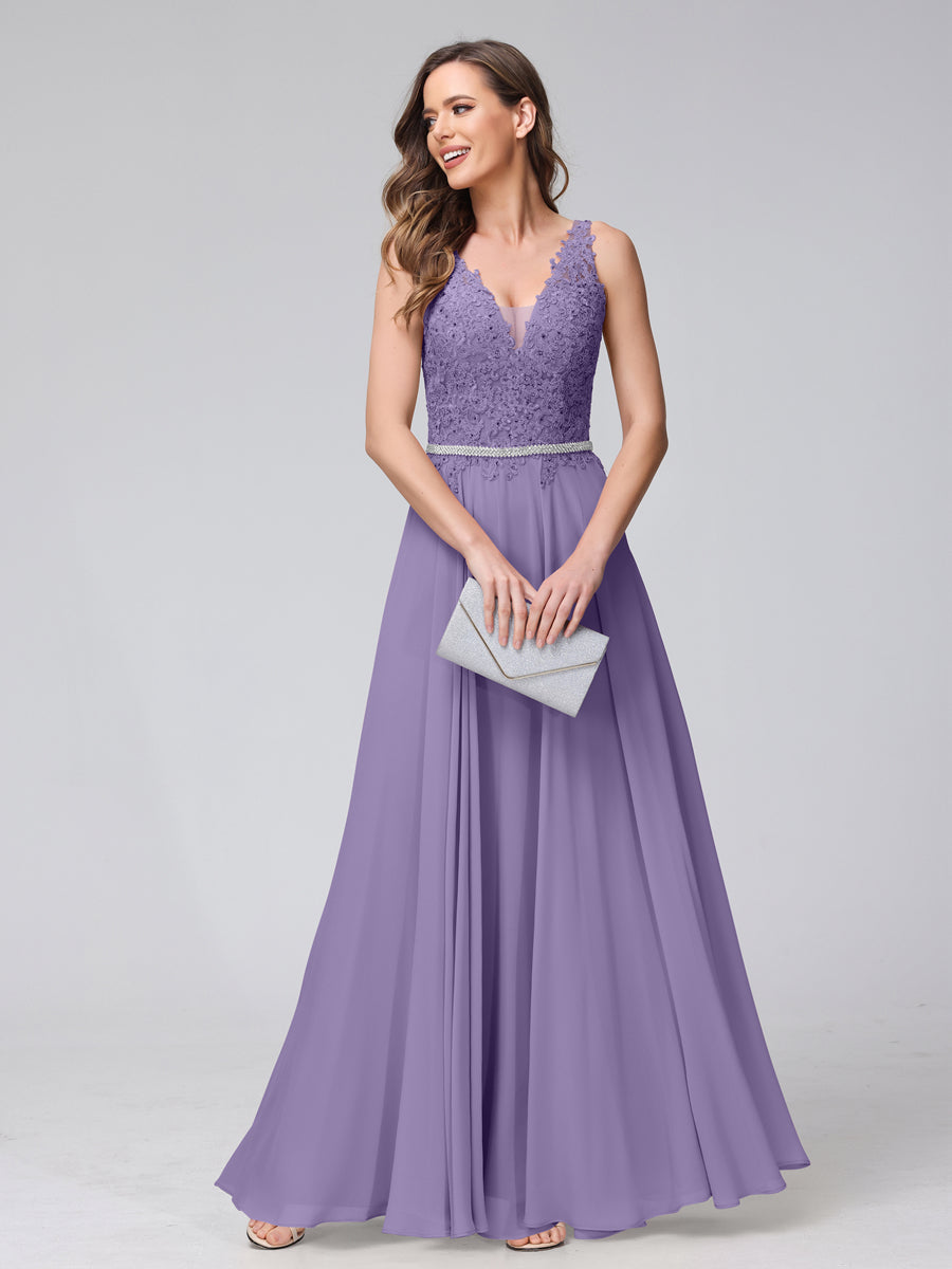 A-Line V-Neck Sleeveless Long Chiffon Dresses with Lace Appliques & Rhinestones