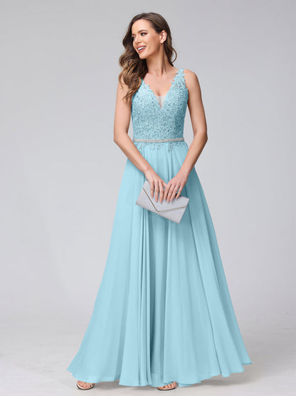 A-Line V-Neck Sleeveless Long Chiffon Dresses with Lace Appliques & Rhinestones