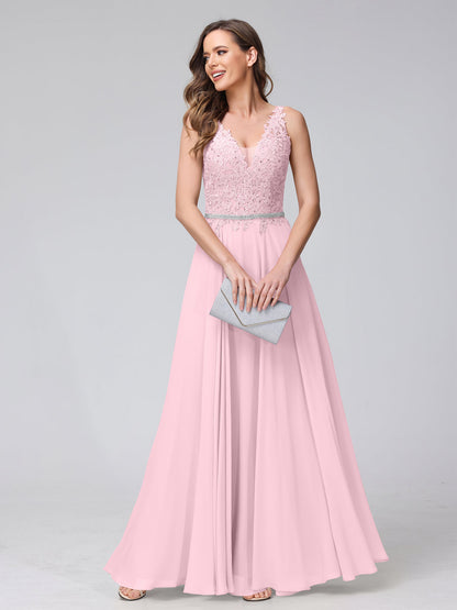 A-Line V-Neck Sleeveless Long Chiffon Dresses with Lace Appliques & Rhinestones