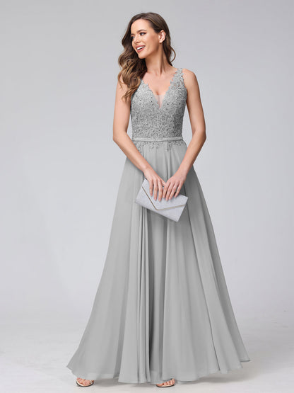 A-Line V-Neck Sleeveless Long Chiffon Dresses with Lace Appliques & Rhinestones