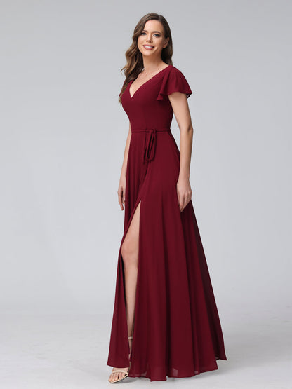 A-Line V-Neck Ruffles Short Sleeves Long Chiffon Dresses With Split Side & Pockets