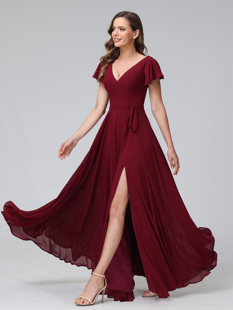 A-Line V-Neck Ruffles Short Sleeves Long Chiffon Dresses With Split Side & Pockets