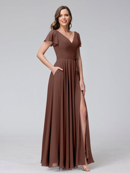 A-Line V-Neck Ruffles Short Sleeves Long Chiffon Dresses With Split Side & Pockets