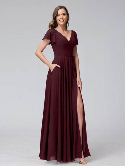 A-Line V-Neck Ruffles Short Sleeves Long Chiffon Dresses With Split Side & Pockets