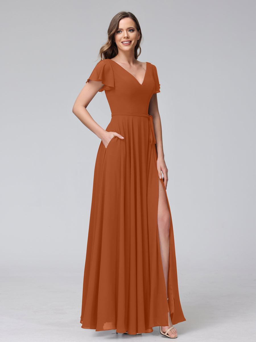 A-Line V-Neck Ruffles Short Sleeves Long Chiffon Dresses With Split Side & Pockets