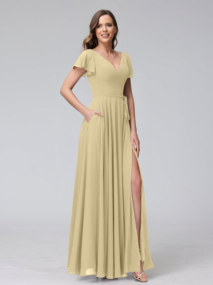 A-Line V-Neck Ruffles Short Sleeves Long Chiffon Dresses With Split Side & Pockets