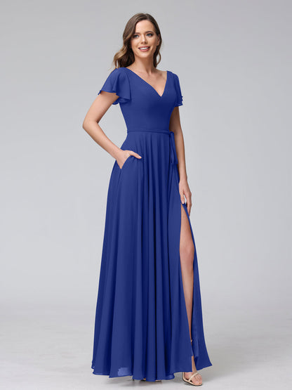 A-Line V-Neck Ruffles Short Sleeves Long Chiffon Dresses With Split Side & Pockets