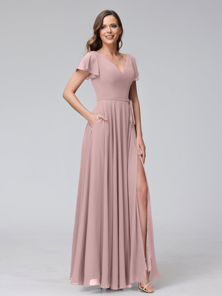 A-Line V-Neck Ruffles Short Sleeves Long Chiffon Dresses With Split Side & Pockets