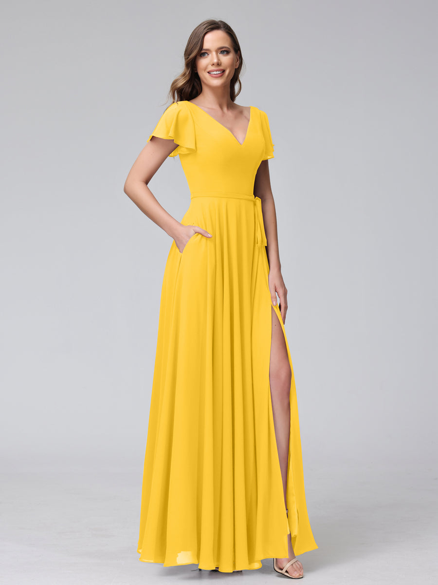 A-Line V-Neck Ruffles Short Sleeves Long Chiffon Dresses With Split Side & Pockets