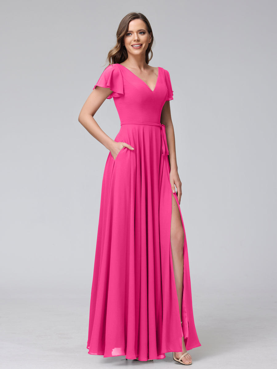 A-Line V-Neck Ruffles Short Sleeves Long Chiffon Dresses With Split Side & Pockets