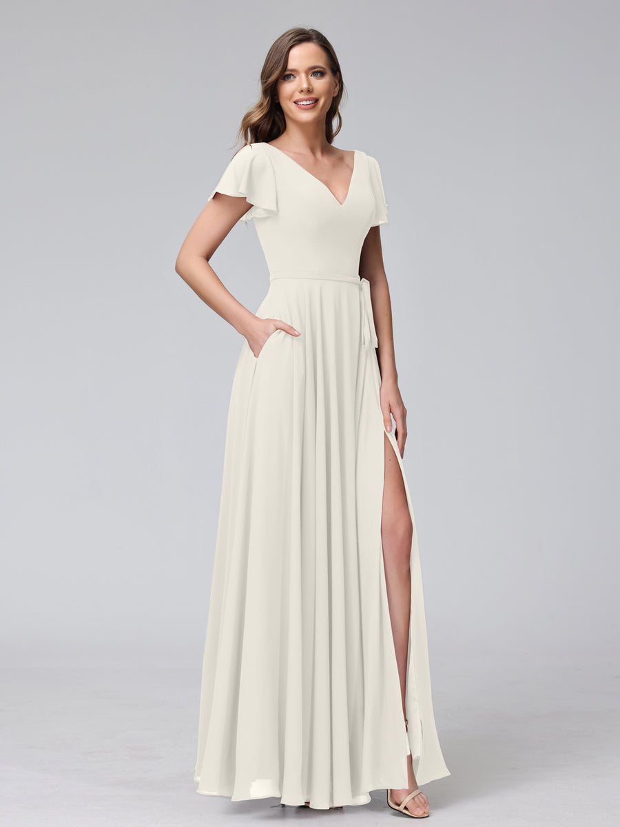 A-Line V-Neck Ruffles Short Sleeves Long Chiffon Dresses With Split Side & Pockets