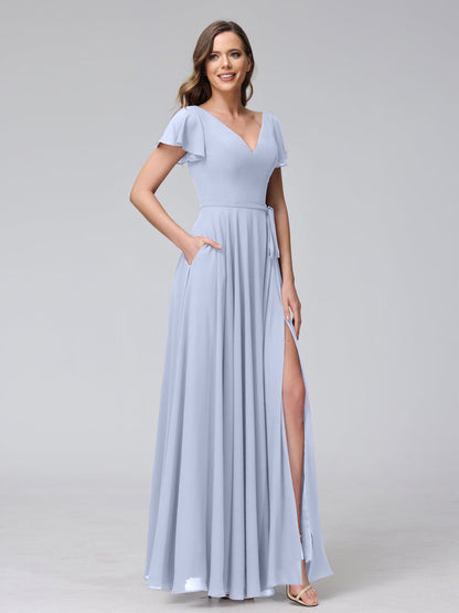 A-Line V-Neck Ruffles Short Sleeves Long Chiffon Dresses With Split Side & Pockets