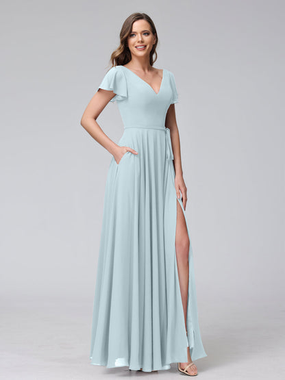 A-Line V-Neck Ruffles Short Sleeves Long Chiffon Dresses With Split Side & Pockets