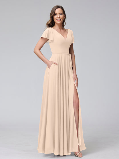 A-Line V-Neck Ruffles Short Sleeves Long Chiffon Dresses With Split Side & Pockets