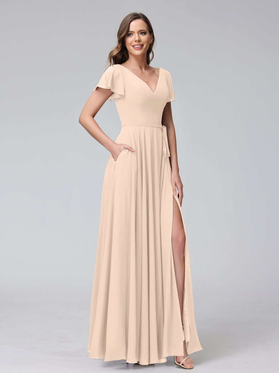 A-Line V-Neck Ruffles Short Sleeves Long Chiffon Dresses With Split Side & Pockets