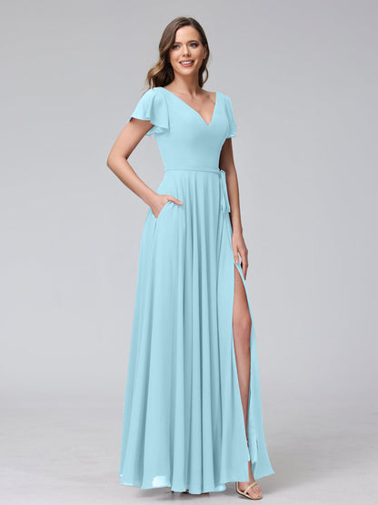 A-Line V-Neck Ruffles Short Sleeves Long Chiffon Dresses With Split Side & Pockets