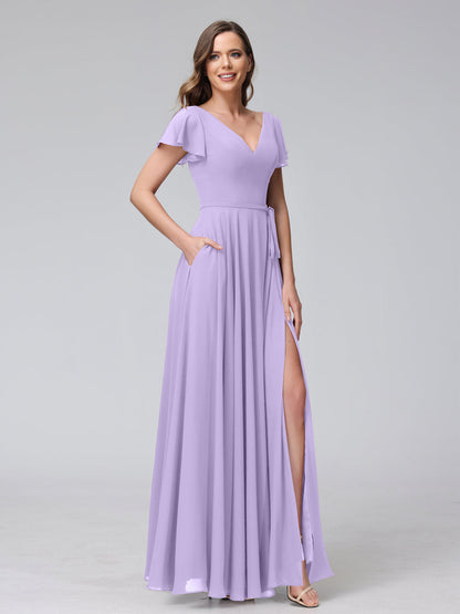 A-Line V-Neck Ruffles Short Sleeves Long Chiffon Dresses With Split Side & Pockets