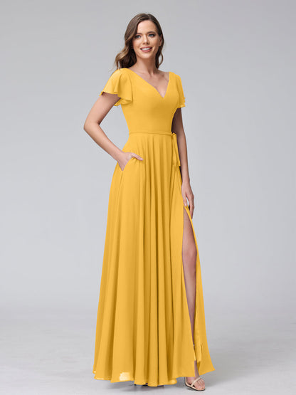 A-Line V-Neck Ruffles Short Sleeves Long Chiffon Dresses With Split Side & Pockets