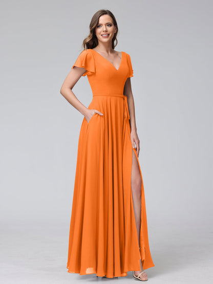 A-Line V-Neck Ruffles Short Sleeves Long Chiffon Dresses With Split Side & Pockets