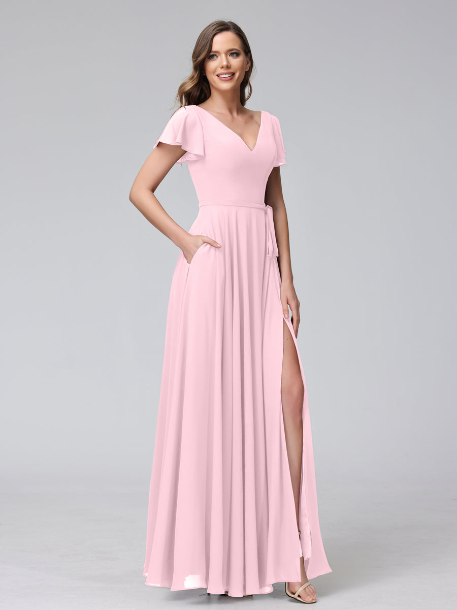 A-Line V-Neck Ruffles Short Sleeves Long Chiffon Dresses With Split Side & Pockets