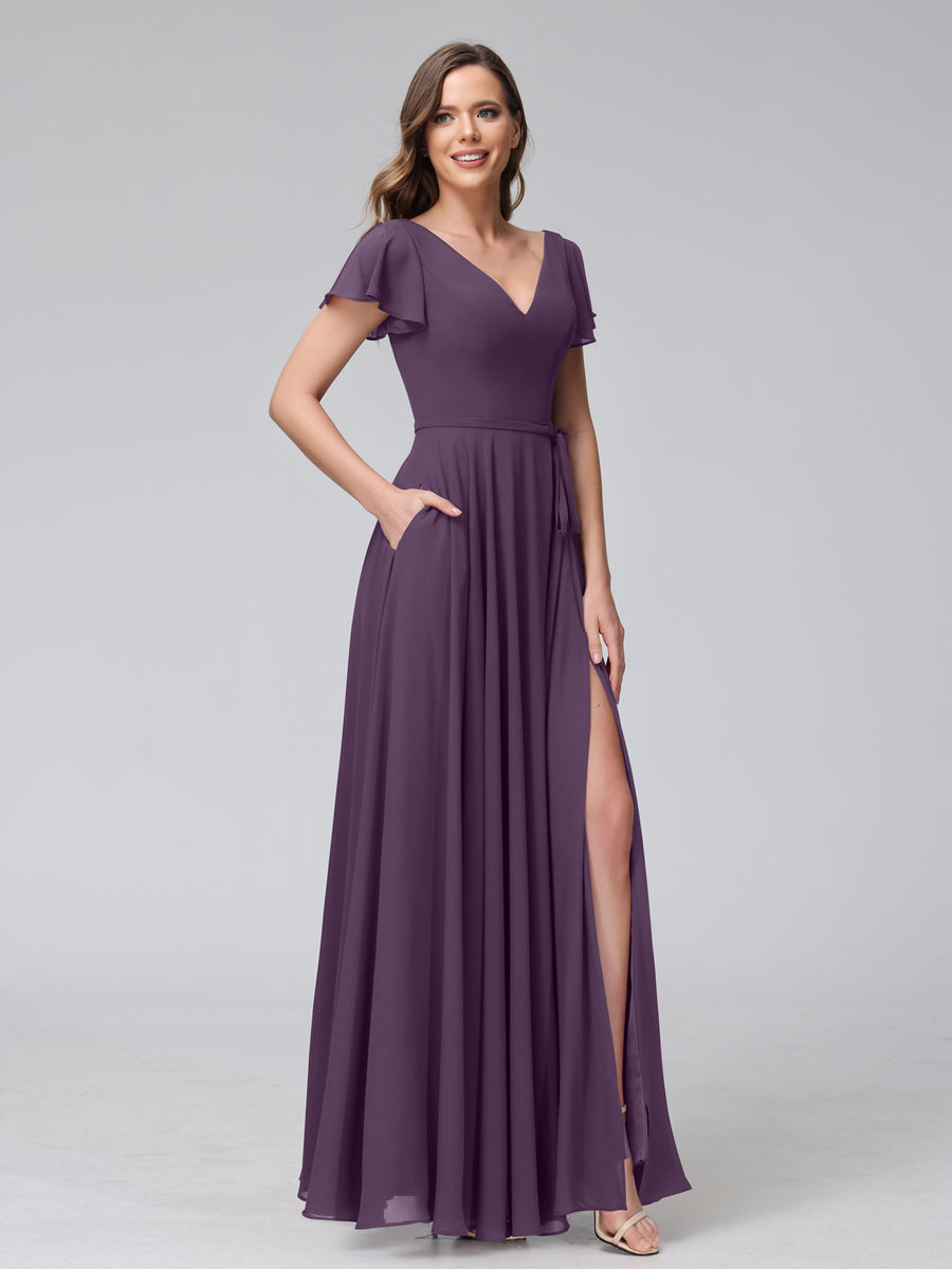 A-Line V-Neck Ruffles Short Sleeves Long Chiffon Dresses With Split Side & Pockets