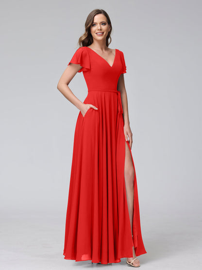 A-Line V-Neck Ruffles Short Sleeves Long Chiffon Dresses With Split Side & Pockets