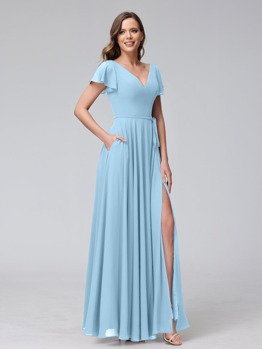 A-Line V-Neck Ruffles Short Sleeves Long Chiffon Dresses With Split Side & Pockets