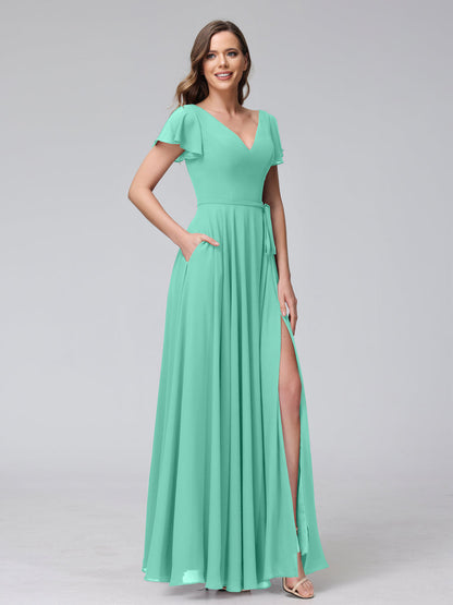 A-Line V-Neck Ruffles Short Sleeves Long Chiffon Dresses With Split Side & Pockets