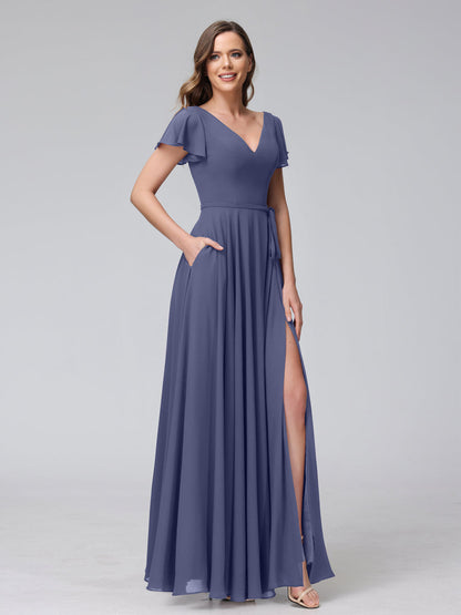 A-Line V-Neck Ruffles Short Sleeves Long Chiffon Dresses With Split Side & Pockets