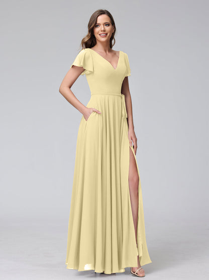 A-Line V-Neck Ruffles Short Sleeves Long Chiffon Dresses With Split Side & Pockets