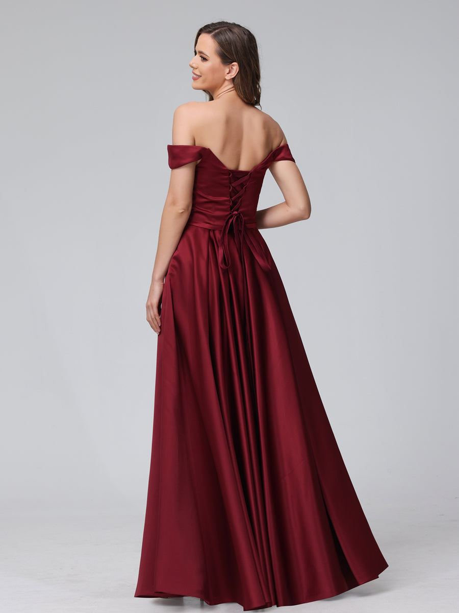 A-Line Off-the-Shoulder Sweetheart Satin Maxi Dresses with Pockets