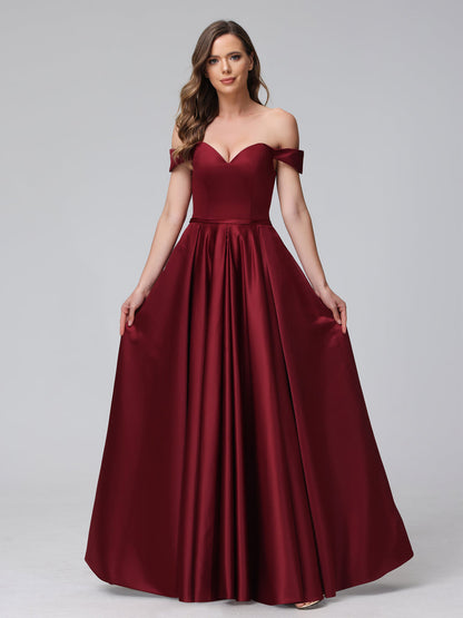 A-Line Off-the-Shoulder Sweetheart Satin Maxi Dresses with Pockets