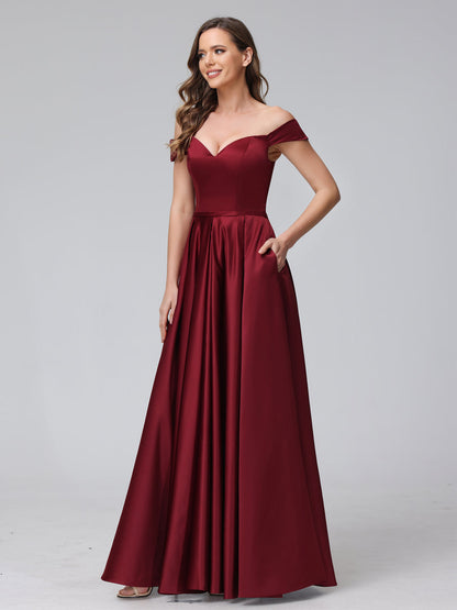 A-Line Off-the-Shoulder Sweetheart Satin Maxi Dresses with Pockets